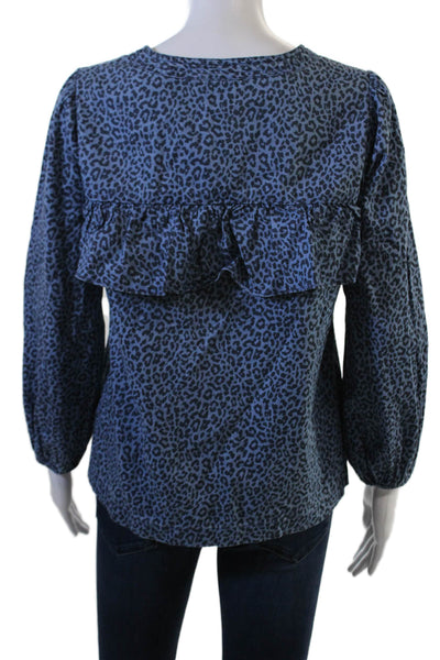 J Crew Womens Blue Animal Print Cotton Blend Button Blouse Long Sleeve Size XS