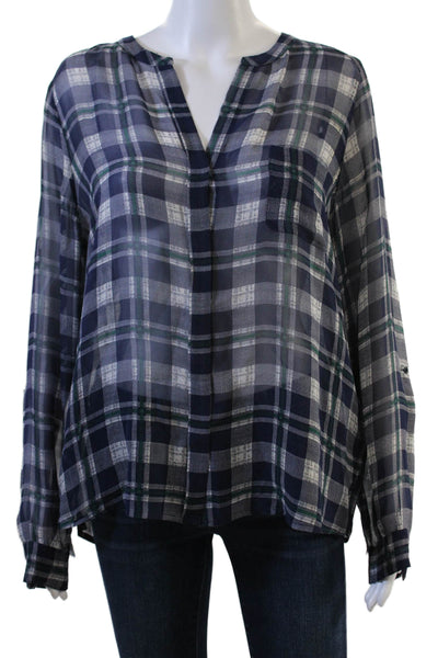Joie Women Silk Plaid V-Neck Tunic Long Sleeve Dark Blue Size S