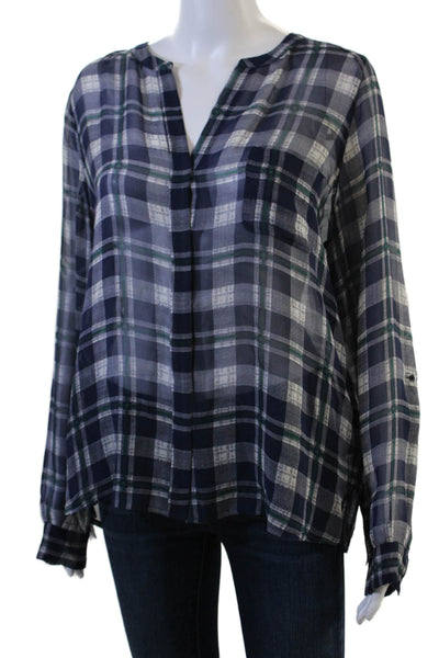 Joie Women Silk Plaid V-Neck Tunic Long Sleeve Dark Blue Size S