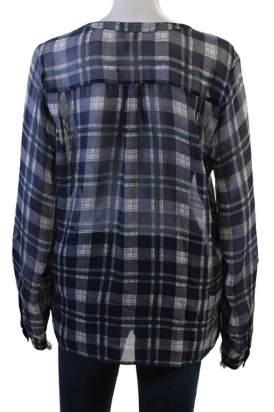 Joie Women Silk Plaid V-Neck Tunic Long Sleeve Dark Blue Size S
