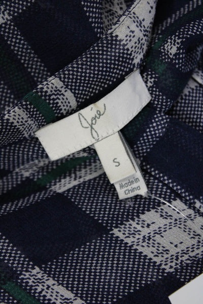 Joie Women Silk Plaid V-Neck Tunic Long Sleeve Dark Blue Size S