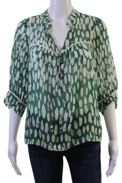 Dolan Women Green Geometric VNeck 3/4Sleeve Cotton Linen ButtonUp Blouse Size S