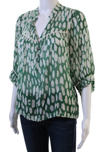Dolan Women Green Geometric VNeck 3/4Sleeve Cotton Linen ButtonUp Blouse Size S