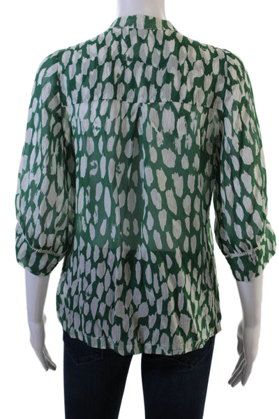 Dolan Women Green Geometric VNeck 3/4Sleeve Cotton Linen ButtonUp Blouse Size S