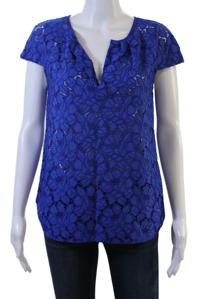 J Crew Women Blue Floral V-Neck Short Sleeve Cotton Blend Blouse Size 4