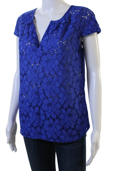 J Crew Women Blue Floral V-Neck Short Sleeve Cotton Blend Blouse Size 4
