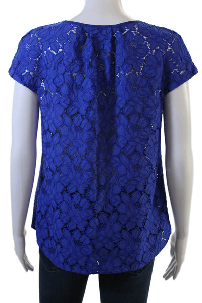 J Crew Women Blue Floral V-Neck Short Sleeve Cotton Blend Blouse Size 4