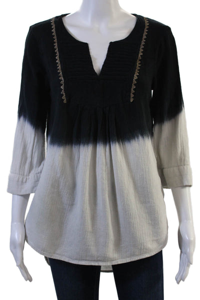 Floreat Womens Tunic Blouse Black 3/4 Sleeve Bohemian Cotton Linen Size 4