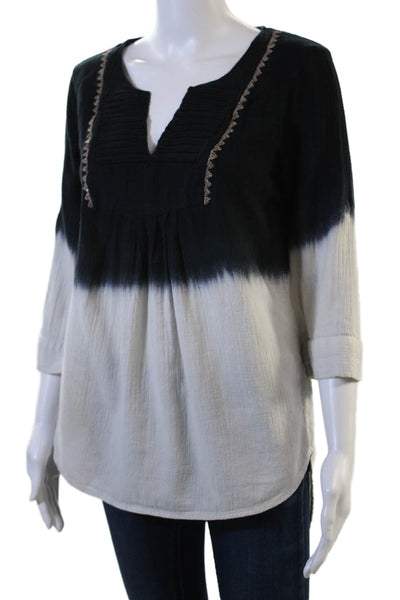 Floreat Womens Tunic Blouse Black 3/4 Sleeve Bohemian Cotton Linen Size 4