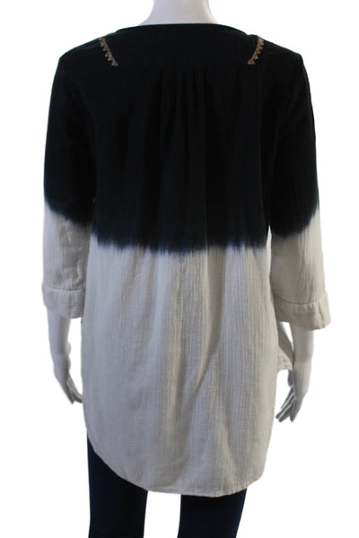 Floreat Womens Tunic Blouse Black 3/4 Sleeve Bohemian Cotton Linen Size 4