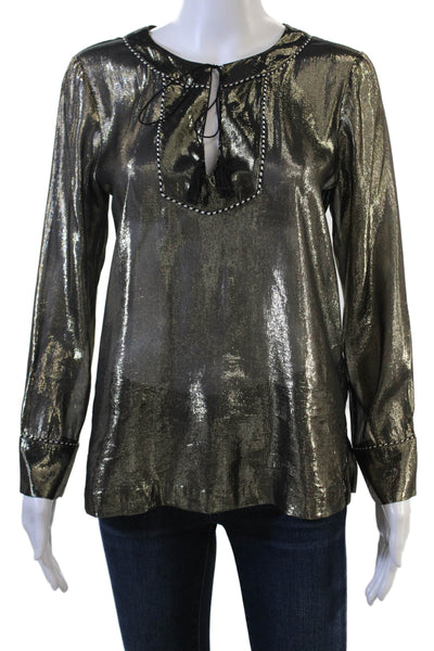 J Crew Womens Tunic Blouse Black Silk Metallic Long Sleeve Tie Bohemian Size 0