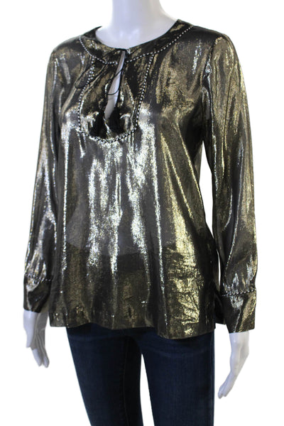 J Crew Womens Tunic Blouse Black Silk Metallic Long Sleeve Tie Bohemian Size 0