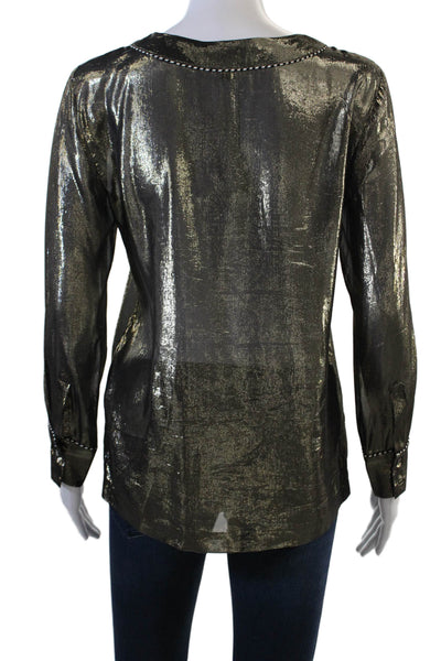 J Crew Womens Tunic Blouse Black Silk Metallic Long Sleeve Tie Bohemian Size 0