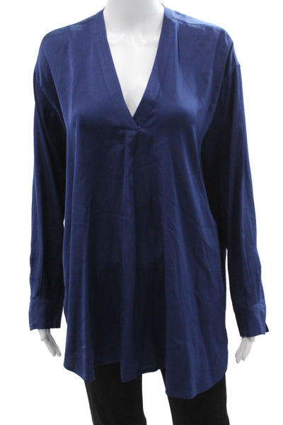 Vince Women Dark Blue V-Neck Tunic Blouse Long Sleeve Size M