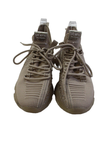 Steve Madden Womens Lace Up Rhinestone Knit Sneakers Brown Size 10