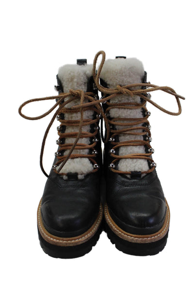 MARC FISHER LTD Womens Lace Up Block Heel Shearling Trim Boots Black Size 5.5M