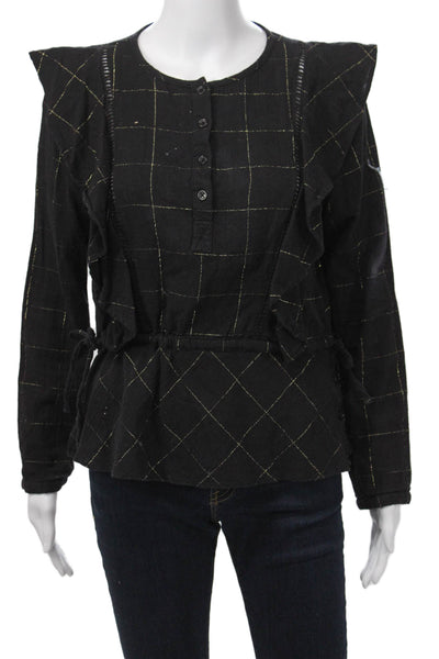 DRA Womens Black Check Button Up Long Sleeve Blouse Cotton Lurex Size S