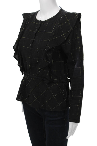 DRA Womens Black Check Button Up Long Sleeve Blouse Cotton Lurex Size S