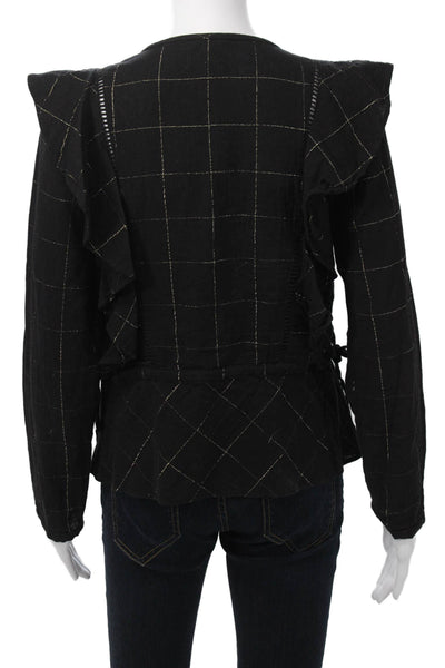 DRA Womens Black Check Button Up Long Sleeve Blouse Cotton Lurex Size S