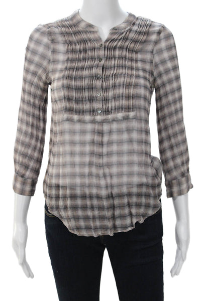 Joie Women Beige Plaid Button-Up Blouse 3/4 Sleeve Polyester Boho Size S