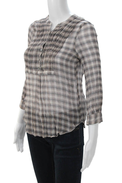Joie Women Beige Plaid Button-Up Blouse 3/4 Sleeve Polyester Boho Size S