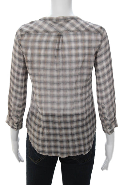 Joie Women Beige Plaid Button-Up Blouse 3/4 Sleeve Polyester Boho Size S