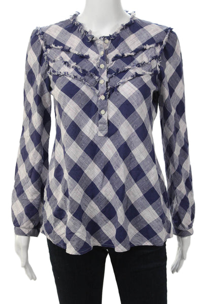 William Rast Womens Bohemian Check Tunic Blouse Blue Button Long Sleeve Size S