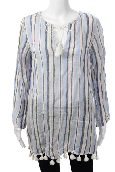C&C California Women Black Striped Linen Tunic Long Sleeve Drawstring Size S