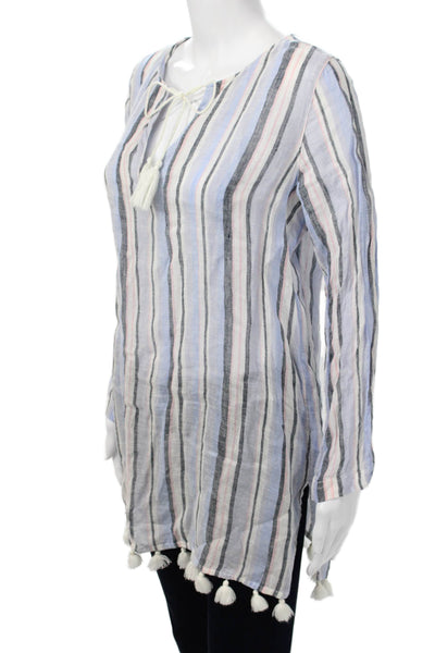 C&C California Women Black Striped Linen Tunic Long Sleeve Drawstring Size S