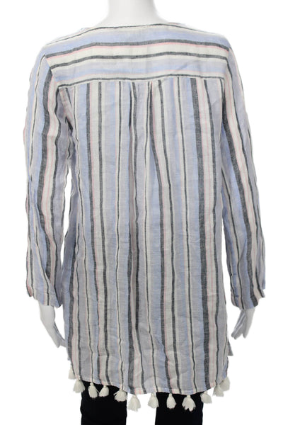 C&C California Women Black Striped Linen Tunic Long Sleeve Drawstring Size S