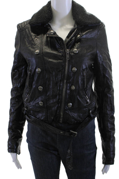 Free People Womens Biker Jacket Black Collared Buckle Size S