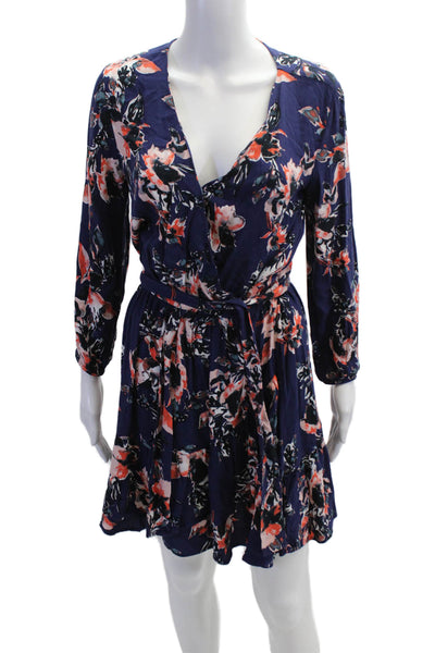 Splendid Women Wrap Mini Dress Dark Blue V-Neck Long Sleeve Floral Rayon Size S