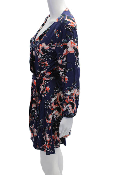 Splendid Women Wrap Mini Dress Dark Blue V-Neck Long Sleeve Floral Rayon Size S