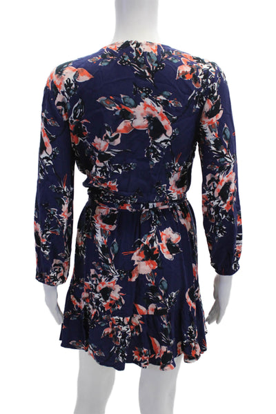 Splendid Women Wrap Mini Dress Dark Blue V-Neck Long Sleeve Floral Rayon Size S