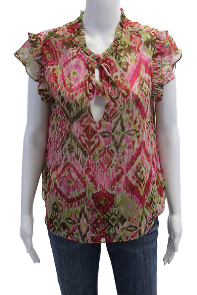 Misa Women Bohemian Geometric Green Tie Short Sleeve Blouse Polyester Size XS
