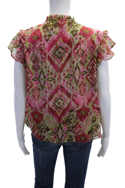 Misa Women Bohemian Geometric Green Tie Short Sleeve Blouse Polyester Size XS