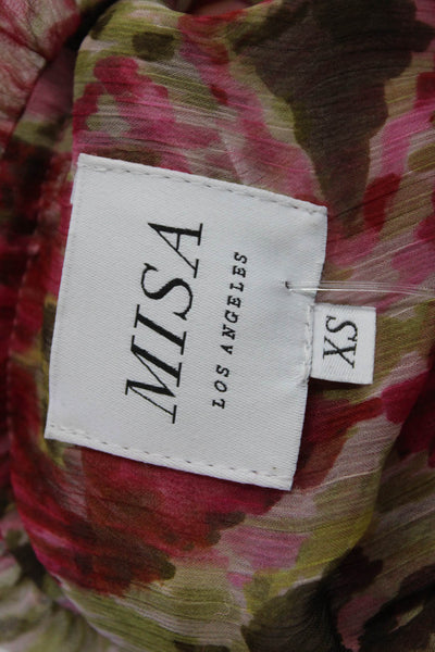 Misa Women Bohemian Geometric Green Tie Short Sleeve Blouse Polyester Size XS