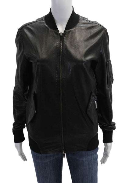 MM6 Maison Margiela Unisex Black Leather Bomber Jacket Zip Size 40