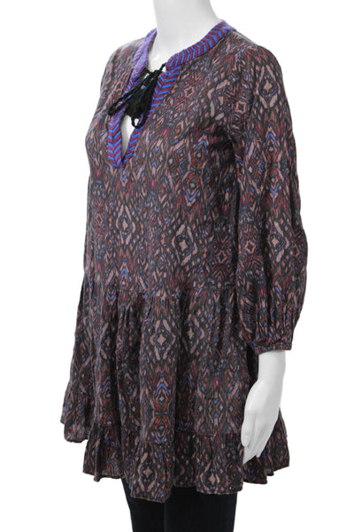 Shoshanna Women Kaftan Dress Black V-Neck Geometric 3/4 Sleeve Cotton Size XS