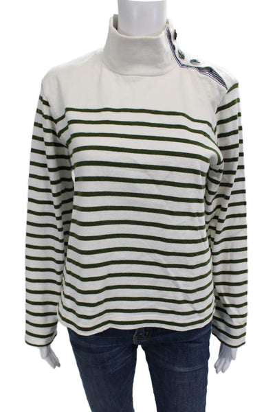 J Crew Unisex Pullover Sweater Cotton Striped Mock Neck Green Size M
