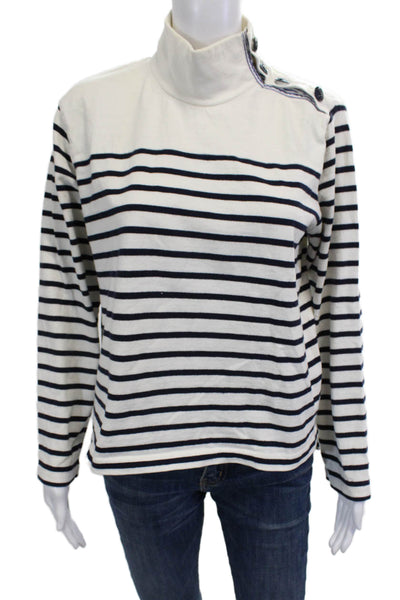 J Crew Unisex Pullover Sweater White Striped Mock Neck Long Sleeve Size M
