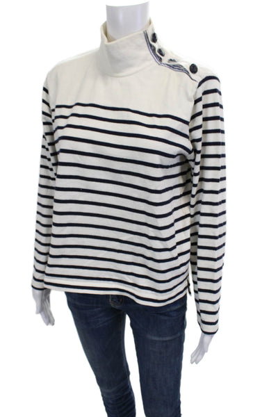 J Crew Unisex Pullover Sweater White Striped Mock Neck Long Sleeve Size M