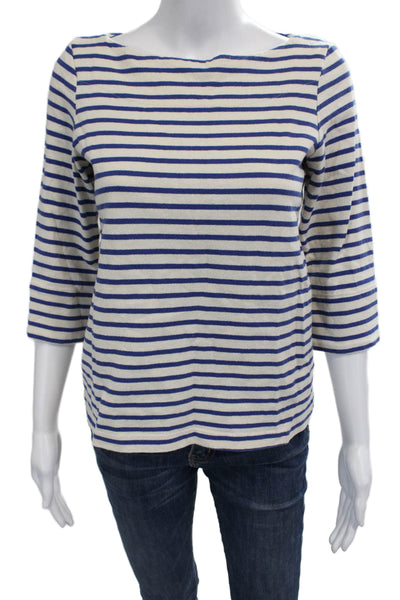 Lauren Moffatt Women Beige Striped Cotton 3/4 Sleeve Basic T-Shirt Size M