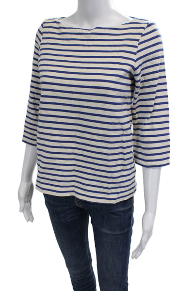 Lauren Moffatt Women Beige Striped Cotton 3/4 Sleeve Basic T-Shirt Size M