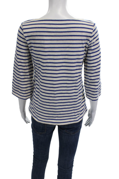 Lauren Moffatt Women Beige Striped Cotton 3/4 Sleeve Basic T-Shirt Size M