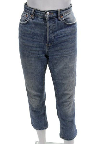 Zara Women Ankle Cropped Mid Rise Blue Cotton Blend Button Jeans Size 4