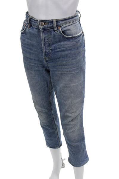 Zara Women Ankle Cropped Mid Rise Blue Cotton Blend Button Jeans Size 4