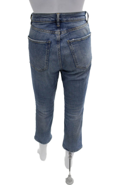Zara Women Ankle Cropped Mid Rise Blue Cotton Blend Button Jeans Size 4