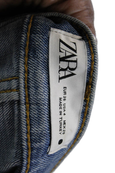 Zara Women Ankle Cropped Mid Rise Blue Cotton Blend Button Jeans Size 4