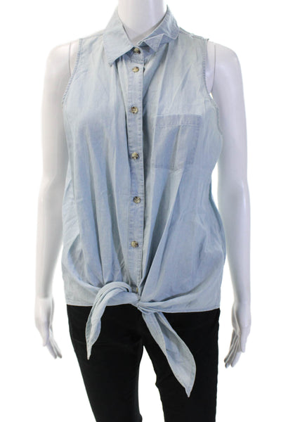 Equipment Femme Women Sleeveless Collared Button-Up Top Light Blue Size M